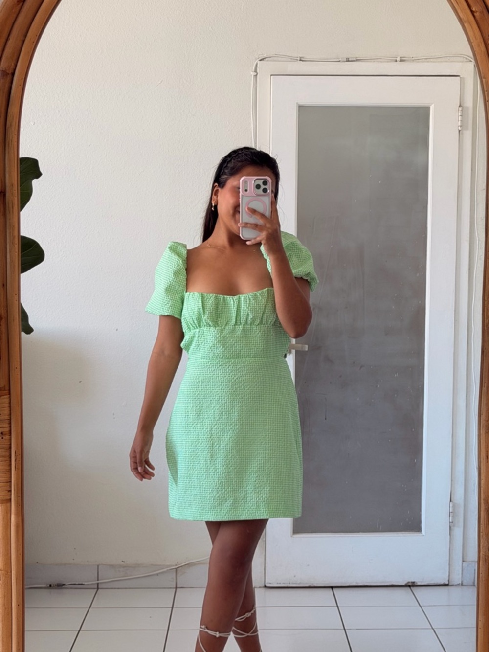 Zara Mint Puff-Sleeve Square Neck Mini Dress